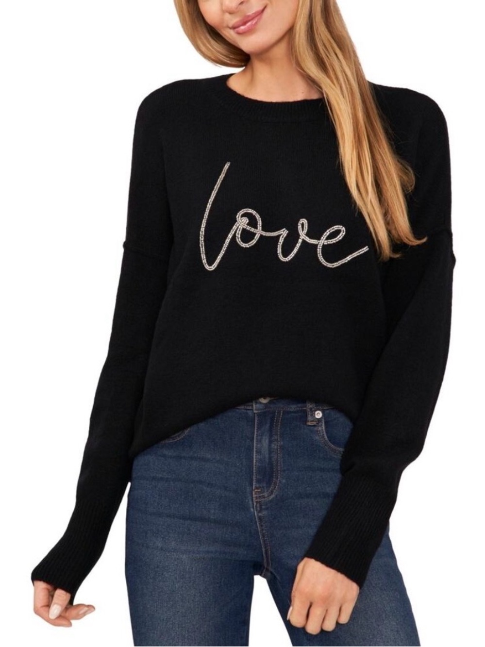 CeCe Women's Beaded Love Script Crewneck Long-Sleeve Sweater Black Size XL